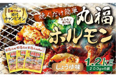 【定期便・全3回】焼くだけ簡単「丸福ホルモン (しょうゆ味)」定期便 合計3.6kg（1.2g×3回）｜豚ホルモン 豚⾁ 焼⾁ BBQ ガツナンコツ レバー ⽩モツ ⼤トロ ちょい飲み 味付き 冷凍便 F4H-0509