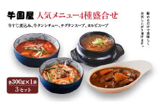【牛国屋】人気メニュー4種盛合せ（牛すじ煮込み、牛タンシチュー、テグタンスープ、カルビスープ）　各300g×1袋×3セット　【11100-0794】