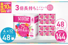 3倍長持ちトイレットロール スコッティティシューフラワーパック 4ロール×12P【入金確認後、最短10日～3週間程度で発送】トイレットペーパー 日用品 雑貨 大人気 日本製 | 埼玉県 草加市 日用品 トイレットペーパー 交換 手間 消耗品 防災 備蓄 ストック 長持ち 替え 交換 頻度 回数 リピート 紙 質 収納 家族 重い 助かる まとめ 満足 必需品