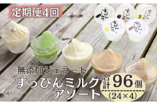 定期便 4回 無添加ジェラート すっぴんミルク アソート 24個 全4回 合計96個 ジェラート アイス ミルク 抹茶 コーヒー きなこ ラムレーズン 牛乳 シャーベット デザート スイーツ 氷菓子 カップ 洋菓子 生クリーム バニラ 無添加 保存料 安定剤 不使用 ギフト プレゼント 贈り物 お取り寄せ 送料無料 千葉県 銚子市 YAMAJIYA