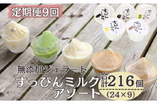 定期便 9回 無添加ジェラート すっぴんミルク アソート 24個 全9回 合計216個 ジェラート アイス ミルク 抹茶 コーヒー きなこ ラムレーズン 牛乳 シャーベット デザート スイーツ 氷菓子 カップ 洋菓子 生クリーム バニラ 無添加 保存料 安定剤 不使用 ギフト プレゼント 贈り物 お取り寄せ 送料無料 千葉県 銚子市 YAMAJIYA