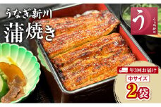 [№5904-0603]【年3回お届け】定期便 うなぎ新川 蒲焼き（中サイズ）2袋入り 　鰻 うなぎ蒲焼 蒲焼 タレ付き うな重 冷凍 成田市 千葉県