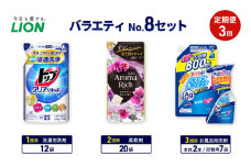 バラエティNo.8 セット 定期便3回 ライオン トップクリア リキッド ソフラン アロマリッチ 詰替 ルックプラス バスタブクレンジング ギフト 日用品 洗濯洗剤 柔軟剤 お風呂用洗剤 [№5689-1932]