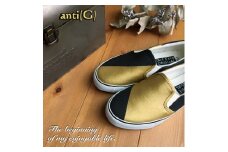 手描きスニーカー「anti（G）」24.5cm アンティークゴールド×ブラック【受注制作】