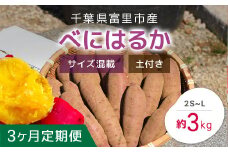 【2024年11月以降発送】【3か月定期便】千葉県富里市産　べにはるか　3kg　サイズ混載　土付き TMH008 / さつまいも サツマイモ  紅はるか べにはるか おさつ 甘藷 唐いも あまい 甘い スイーツ スイート ポテト おやつ 焼き芋 定期便 定期 千葉県 富里市 