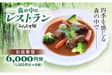 森の中のレストランふらんす屋 お食事券 6,000円分（1,000円分×6枚） ふるさと納税 食事券 チケット 森の中 レストラン テラス ドッグラン わんちゃんルーム 四季 自然 千葉県山武市 SMCB002