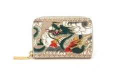 【文庫屋大関】ファスナー 小銭入れ 龍＜緑＞【皮革工芸品】財布 牛革 コンパクト 東京 [№5619-1837]