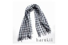 【harukii】細太チェック長綿ガーゼミニストール  (ネイビー)