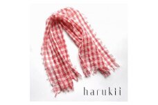  【harukii】細太チェック長綿ガーゼミニストール  (レッド) | ストール ガーゼ 綿 チェック 赤 おしゃれ 贈答用 送料無料 東京 八王子