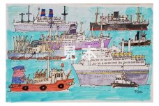 柳原良平作品（水彩画） 「横浜港」