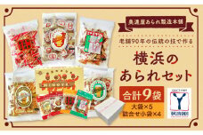 老舗90年の伝統の技で作る横浜のあられセット（大袋×5、詰合せ小袋×４）