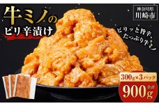 【2026年２月発送】牛ミノ ピリ辛漬け 900g ( 300g × 3パック ) 小分け 個包装 便利 牛肉 ホルモン ミノ 焼肉 焼き肉 お肉 肉 焼くだけ 冷凍 たれ 味付き BBQ アウトドア キャンプ 人気 おすすめ 神奈川 川崎