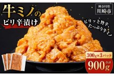 【2026年３月発送】牛ミノ ピリ辛漬け 900g ( 300g × 3パック ) 小分け 個包装 便利 牛肉 ホルモン ミノ 焼肉 焼き肉 お肉 肉 焼くだけ 冷凍 たれ 味付き BBQ アウトドア キャンプ 人気 おすすめ 神奈川 川崎