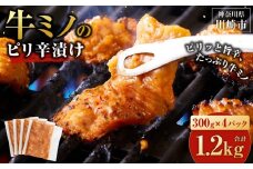 牛ミノ ピリ辛漬け 1.2kg ( 300g × 4パック ) 小分け 個包装 便利 牛肉 ホルモン ミノ 焼肉 焼き肉 お肉 肉 焼くだけ 冷凍 たれ 味付き BBQ アウトドア キャンプ 人気 おすすめ 神奈川 川崎【2026年5月発送】