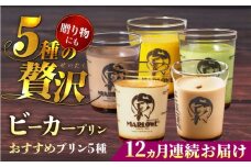 【全12回定期便】葉山ビーカープリン おすすめプリン180g×5個セット（かぼちゃ・エスプレッソ・抹茶・北海道フレッシュクリーム・チョコレート）ぷりん プリン定期 プリン詰め合わせ プリン 焼きプリン 5種 セット 葉山 人気の味 デザート スイーツ お菓子 食べ比べ ビーカー付き 贈り物 贅沢 人気 定期便 全12回【マーロウ】 [AKAF040]