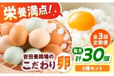 【全3回定期便】安田養鶏場の卵 3種セット しおさい アトムくん タフラン 30個入り（各10個入り） 横須賀市 産地直送 たまご 黄身 濃厚 卵 玉子 タマゴ 鶏卵  【安田養鶏場】 [AKHN011]