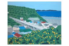 原画「石橋からの景色」【キャンパス原画 キャンパス 小田原 石橋　風景 みかん 山 相模湾 新幹線 803x1000x20mm 絵画 風景絵画 アート作品 屋内装飾 神奈川県 小田原市 】
