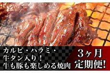 76-83A【3ヶ月連続お届け】カルビ・ハラミ・牛タン入り！牛も豚も楽しめる焼肉定期便