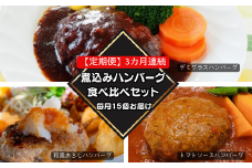 76-99A【3ヶ月連続お届け】湯せんで簡単！煮込みハンバーグ食べ比べセット 15個×3回お届け 総重量7.5kg以上！