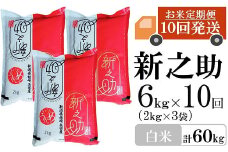 【先行予約・令和7年産新米・10ヶ月定期便】新之助 白米 6kg（2kg×3袋）×10回（計 60kg）ヤタらうんめぇ しんのすけ 水田環境鑑定士在籍[Y0341]
