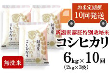 【先行予約・令和7年産新米・10ヶ月定期便】コシヒカリ 無洗米 6kg（2kg×3袋）×10回（計 60kg）ヤタらうんめぇお米 水田環境鑑定士在籍[Y0513]