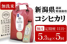 新米先行予約【隔月5ヶ月定期便・11月～発送】コシヒカリ 無洗米 5kg（ペットボトル米 300g 1本付き）×隔月5回 （計 26.5kg）重ちゃんのお米 令和7年産 [Y0079]