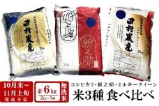 【10月末～11月上旬発送】令和7年産新米 新潟米 3種食べ比べ 無洗米 各2kg（計6kg）コシヒカリ・新之助・ミルキークイーン 田村農産[Y0346]