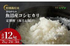 令和7年産 昔ながらの魚沼産コシヒカリ 精米12kg(2kg×2袋×毎月全3回) 農園ビギン 【0002-BN06DB00-01】