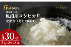 令和7年産 昔ながらの魚沼産コシヒカリ 精米30kg(5kg×2袋×毎月全3回) 農園ビギン【0002-BN15DB00-01】