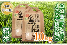 31P241 ＜数量限定＞令和6年産 魚沼産コシヒカリJAS有機栽培米 5kg×2袋 精米（魚沼わたなべ農園） 白米 魚沼 有機 米