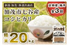 【令和6年産米】【定期便3回隔月お届け】新潟県加茂市七谷産コシヒカリ 精米20kg（5kg×4）白米 捧運次商店 定期便