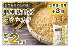 【令和6年産米】【定期便3回毎月お届け】新潟県加茂市産 特別栽培米コシヒカリ 玄米2kg 従来品種コシヒカリ 加茂有機米生産組合