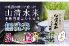 【先行新米予約】【定期便／全12回】無洗米3kg　新潟県魚沼産コシヒカリ「山清水米」十日町市 米