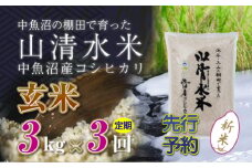 【先行新米予約】【定期便／全3回】玄米3kg 新潟県魚沼産コシヒカリ「山清水米」 