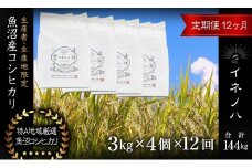＜定期便・全12回＞【令和6年産】魚沼産コシヒカリ「イネノハ 」精米(3kg×4)×12回