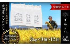 ＜定期便・全12回＞【令和6年産】魚沼産コシヒカリ「イネノハ 」精米(3kg×3)×12回