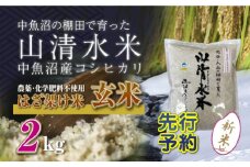 【先行新米予約】新潟県魚沼産コシヒカリ◇玄米２kg 栽培期間中農薬・化学肥料不使用「山清水米」はざ架け米 