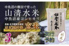 【先行新米予約】新潟県魚沼産コシヒカリ◇玄米３kg 栽培期間中農薬・化学肥料不使用「山清水米」はざ架け米 