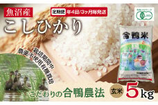 定期便 年4回 3か月毎 魚沼産 コシヒカリ 5kg あいがも農法 有機栽培米 玄米 米 お米  ご飯 胚芽 合鴨 ごんべい こしひかり 特A 人気 安全 お取り寄せ 送料無料 新潟県 十日町市 