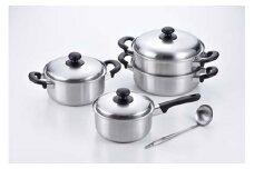 EM-023 燕三 IH対応片手鍋18cm & 両手鍋20cm & 二段蒸し器24cm (お玉付) FC038001
