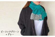 コード刺繍 万華鏡デザイン ショートマフラー ピーコックグリーン×グレー 新潟県 五泉市 有限会社田中刺繍