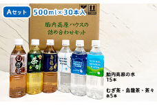 胎内高原の水詰合せA 500ml×30本（天然水15本、むぎ茶・烏龍茶・茶々（緑茶）各5本）2箱セット 1梱包（0126）