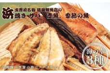 【出雲崎名物】磯田鮮魚店の浜焼き「3種セット」（さば・赤魚・季節の魚　各1束　計3束） 出雲崎町 サバ 鯖 赤魚 アナゴ 穴子 ギス カレイ 串焼き 新潟県 出雲崎町