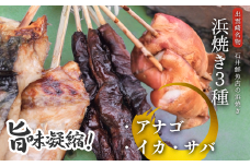 【出雲崎名物】石井鮮魚店の浜焼き「まんぷく3種セット」（サバ　イカ　アナゴ　串焼き　各1束　計3束）  出雲崎町 さば 鯖 あなご 穴子 いか 串焼き 焼き魚 新潟県 出雲崎町