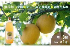 無添加・完熟梨ジュースと季節の梨の贈りもの（ジュース1本・品種おまかせ梨3個） ※北海道・沖縄・離島への配送不可 ※2025年8月上旬～10月上旬頃に順次発送予定