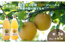無添加・完熟梨と完熟りんごジュースと季節の梨の贈りもの（りんご・梨ジュース各1本・品種おまかせ梨3個） ※北海道・沖縄・離島への配送不可 ※2025年8月上旬～10月上旬頃に順次発送予定