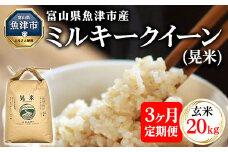 【3ヶ月定期便】【令和6年度米】「魚津のミルキークイーン（晃米）」20kg（玄米） ｜新米 環境配慮 MK農産 お米 ブランド米 銘柄米 玄米 ご飯 おにぎり 産地直送 甘み 粘り もちもち ※2024年10月下旬頃より順次発送予定 ※北海道・沖縄・離島への配送不可