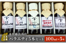 本川藤由商店　バラエティ5本セット（海鮮熟成さしみしょうゆ・別選こいくち・別選うすくち・海鮮丼漬早わざのたれ・豆富醤油） 富山県 氷見市 醤油 調味料 詰め合わせ