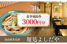 麺処よしだや 食事補助券 3,000円分 （1,000円分×3枚）富山県 氷見市 補助券 観光 旅行 うどん 食事券 チケット クーポン