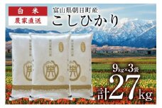 【期間限定発送】 米 令和7年産 こしひかり 精米 計27kg 9kg 3袋 [クリーンみず穂 富山県 朝日町 34310535] お米 コシヒカリ コメ 27キロ ご飯 ごはん 白米 産地直送 一等米 おこめ こめ